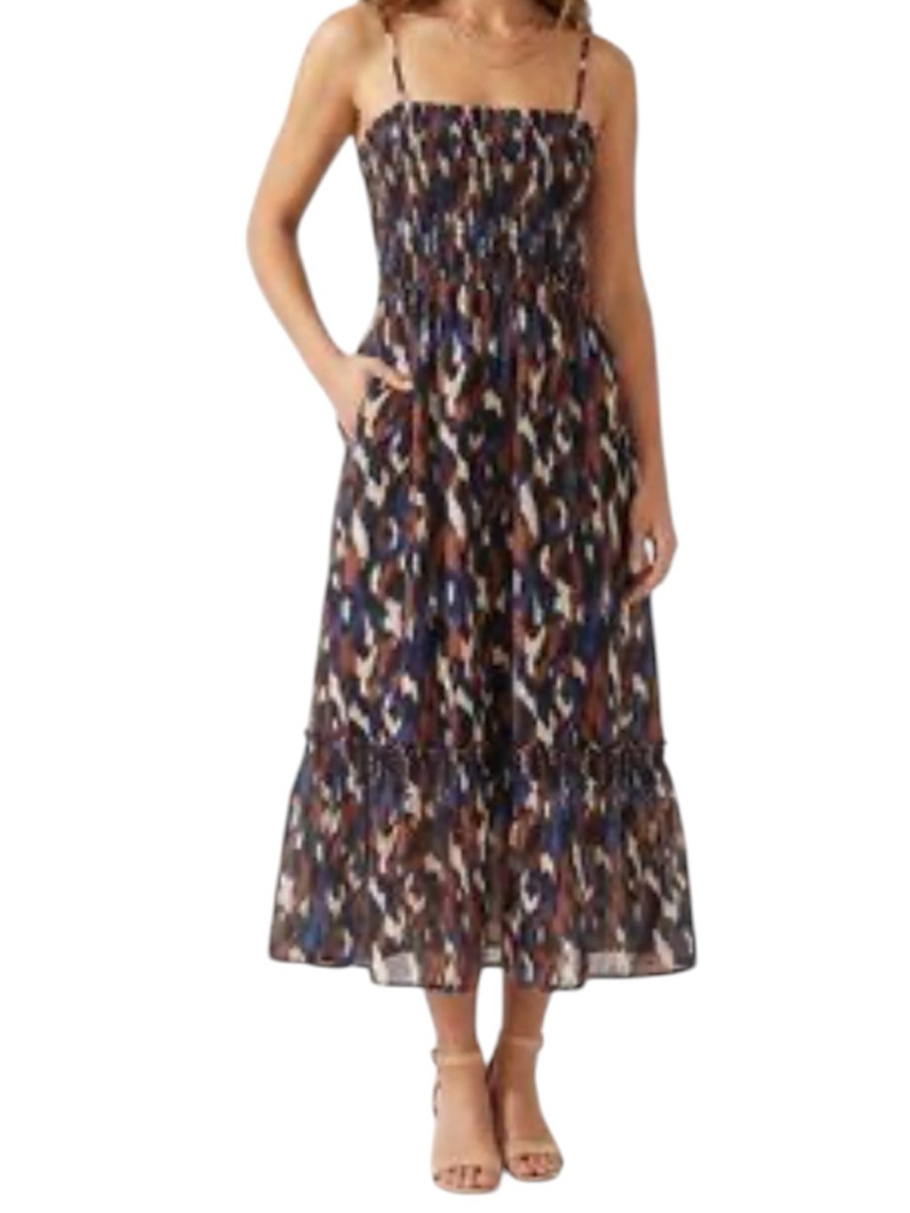 Evereve smocked bodice Lyocell linen blend midi dress size Medium